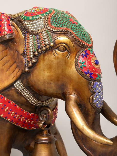 45" Large Size Elephant with Upraised Trunk | Brass Statue with Inlay Work