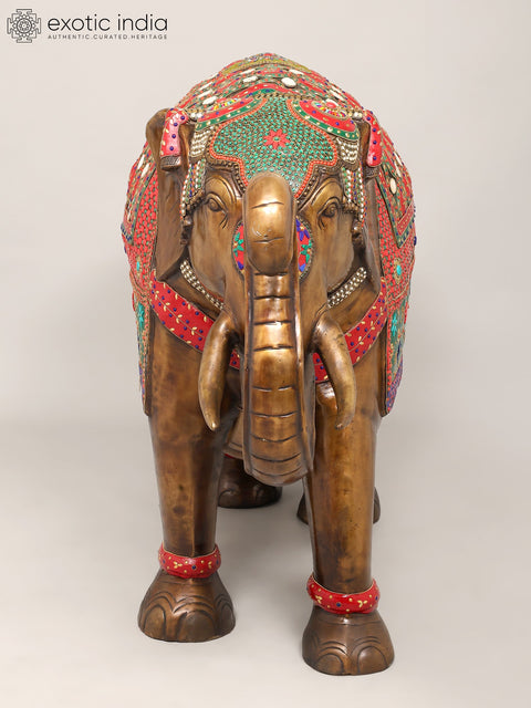 45" Large Size Elephant with Upraised Trunk | Brass Statue with Inlay Work