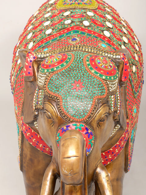 45" Large Size Elephant with Upraised Trunk | Brass Statue with Inlay Work