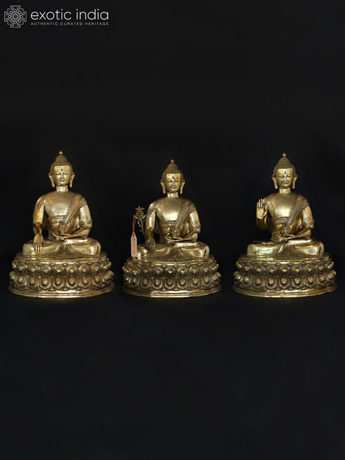 36" Brass Buddha Set - Bhumisparsha, Medicine and Abhaya Mudra Statues