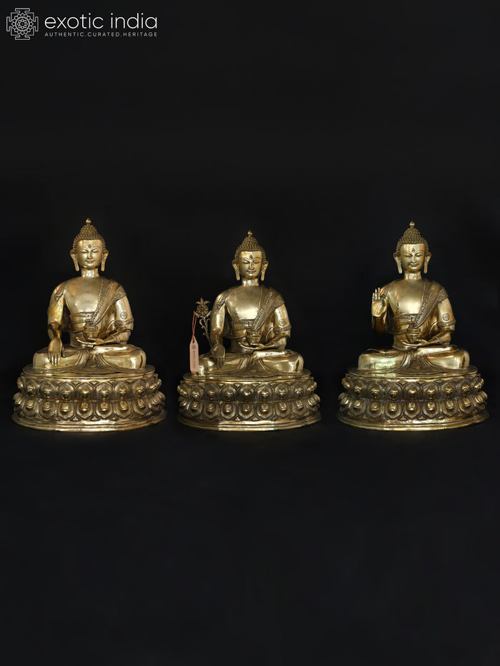 36" Large Size Buddha Set - Bhumisparsha Buddha, Medicine Buddha and Buddha in Abhaya Mudra | Set of Three Brass Statues