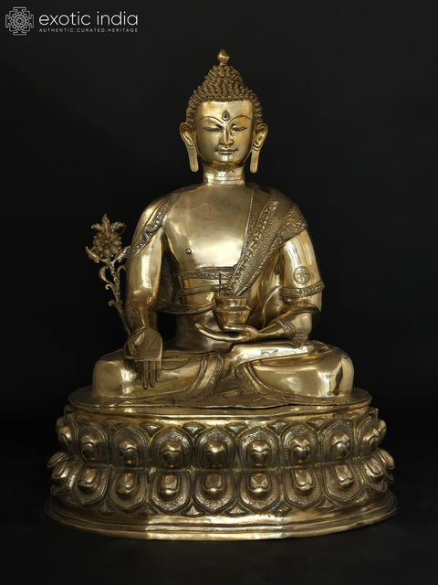 36" Large Size Buddha Set - Bhumisparsha Buddha, Medicine Buddha and Buddha in Abhaya Mudra | Set of Three Brass Statues