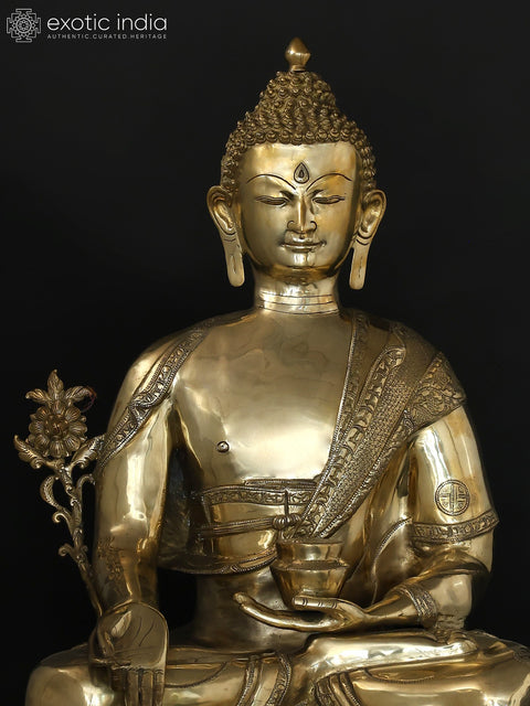 36" Large Size Buddha Set - Bhumisparsha Buddha, Medicine Buddha and Buddha in Abhaya Mudra | Set of Three Brass Statues