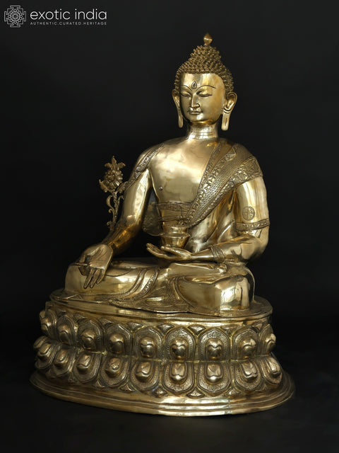 36" Large Size Buddha Set - Bhumisparsha Buddha, Medicine Buddha and Buddha in Abhaya Mudra | Set of Three Brass Statues