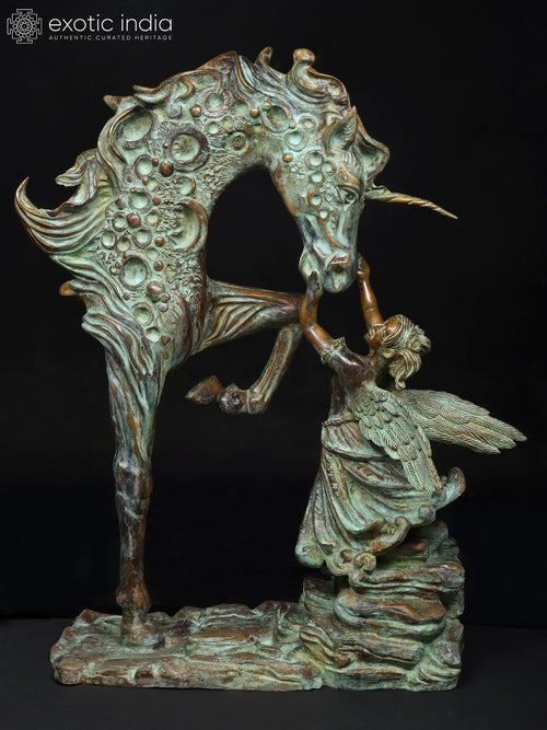 36" Angel and Unicorn Brass Sculpture for Home Decor