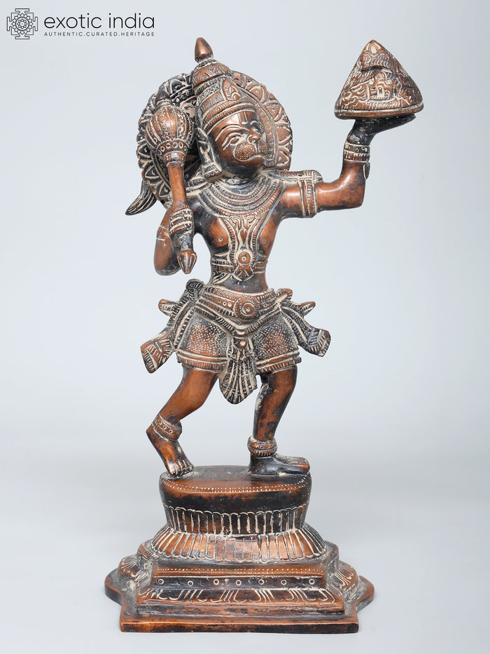 11" Handmade Brass Sanjivani Hanuman Statue for Pooja