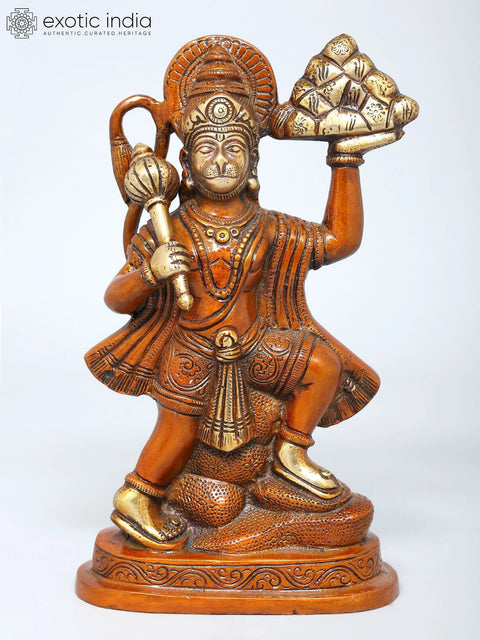 9" Lord Hanuman Carrying Mountain of Sanjivani Herbs | Brass Statue