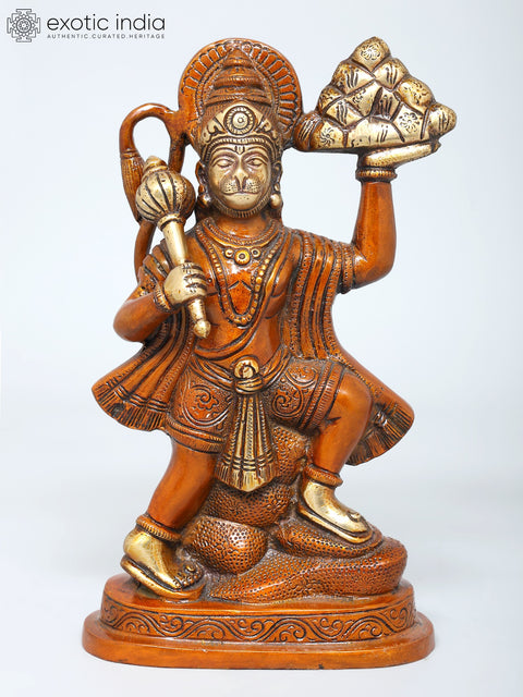 9" Lord Hanuman Carrying Mountain of Sanjivani Herbs | Brass Statue