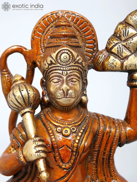 9" Lord Hanuman Carrying Mountain of Sanjivani Herbs | Brass Statue