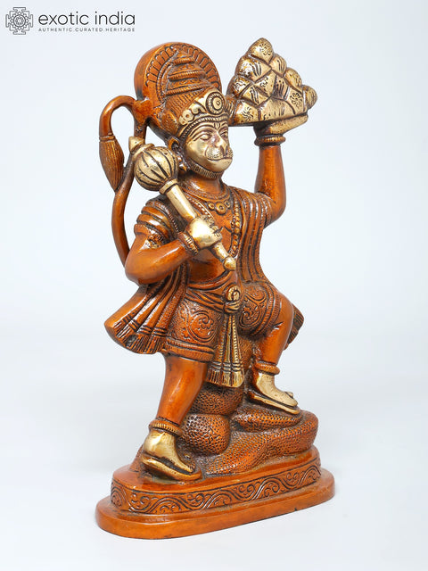 9" Lord Hanuman Carrying Mountain of Sanjivani Herbs | Brass Statue