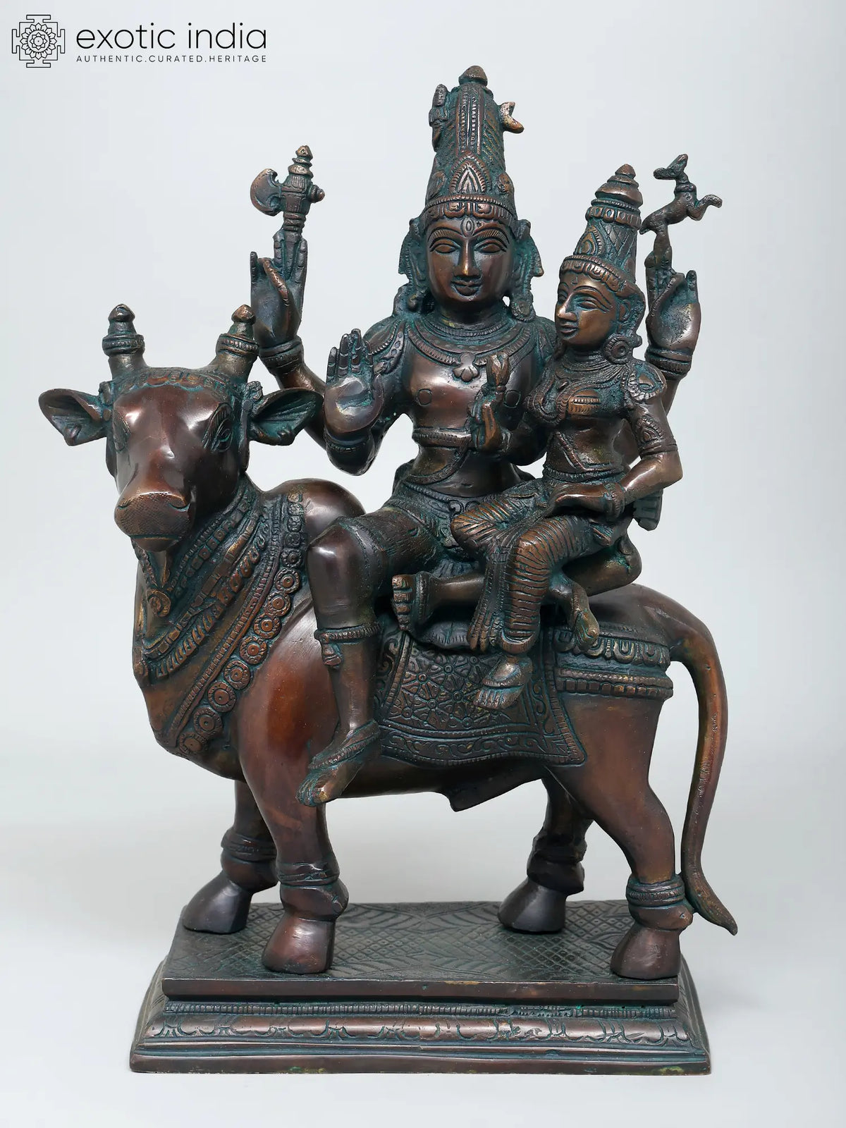 15" Shiva Parvati Seated on Nandi Brass Statue