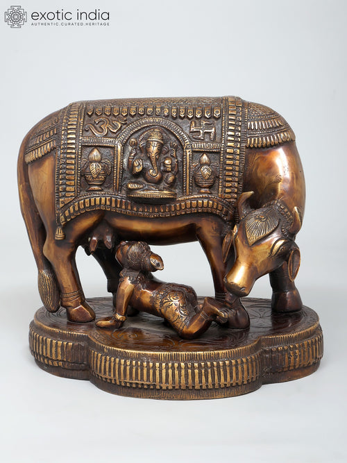 10" Crawling Baby Krishna with Cow Handmade Brass Statue