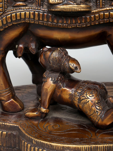 10" Crawling Baby Krishna with Cow | Brass Statue