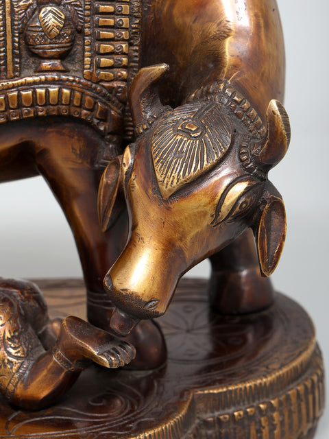 10" Crawling Baby Krishna with Cow | Brass Statue