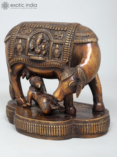 10" Crawling Baby Krishna with Cow | Brass Statue