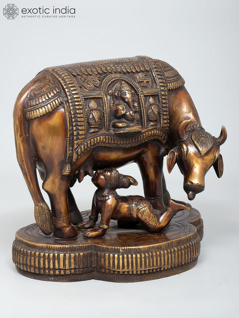 10" Crawling Baby Krishna with Cow | Brass Statue
