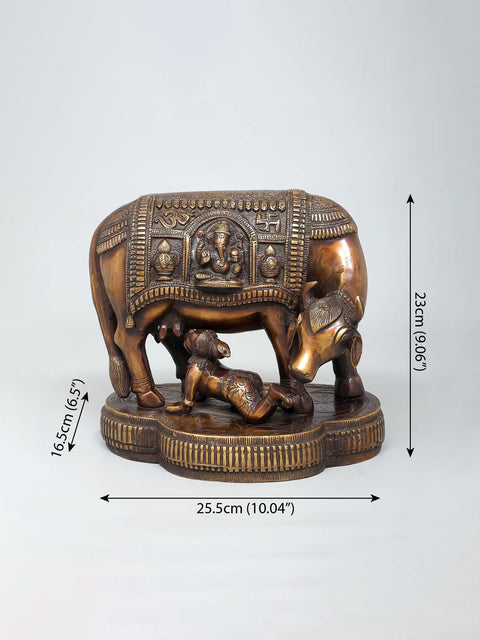 10" Crawling Baby Krishna with Cow | Brass Statue