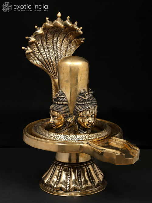 30" Brass Shivalingam with Shiva Faces and Nine Hooded Serpents Statue