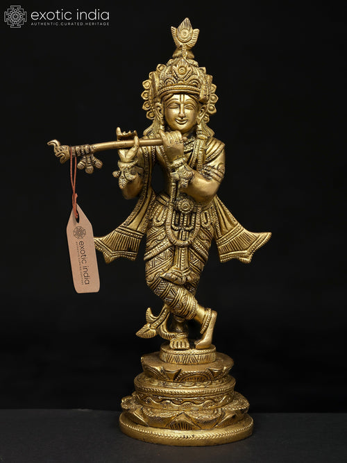 10" Lord Krishna Playing Flute Brass Handmade Idol
