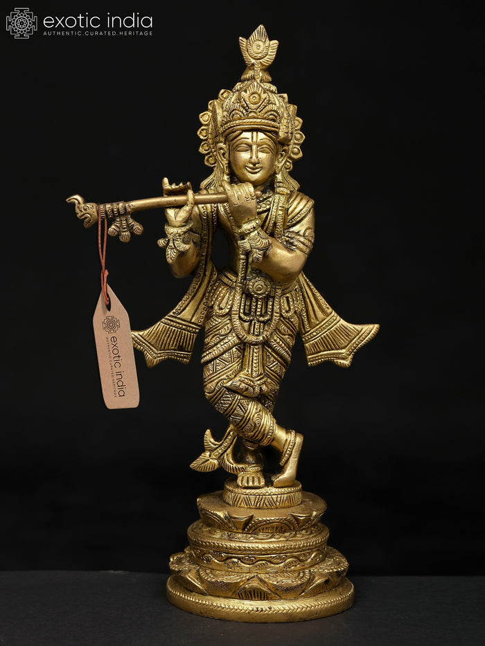 10" Lord Krishna Playing Flute Brass Handmade Idol