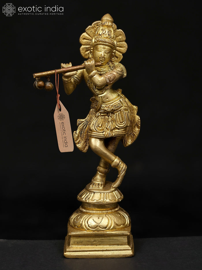 6" Small Fluting Lord Krishna Brass Statue for Pooja