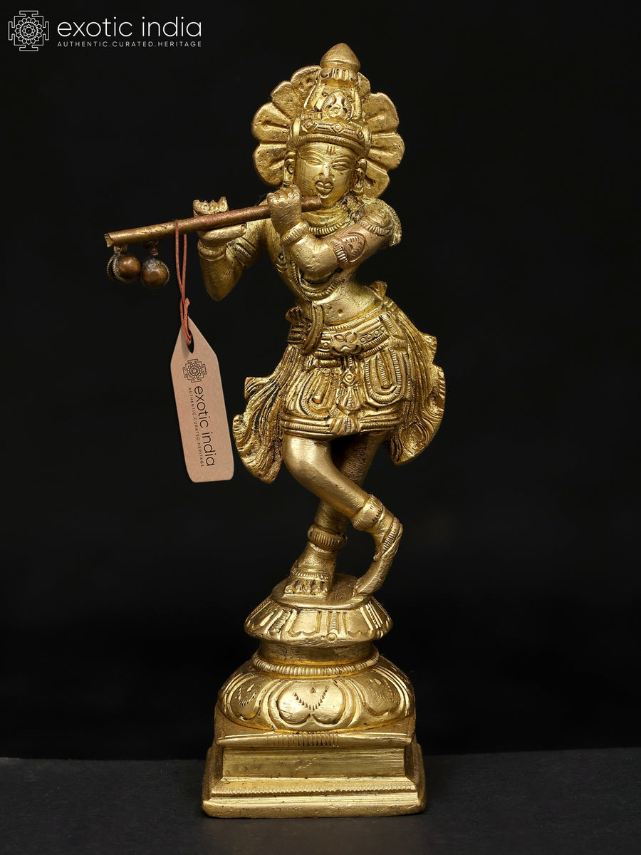 6" Small Fluting Lord Krishna Brass Statue for Pooja