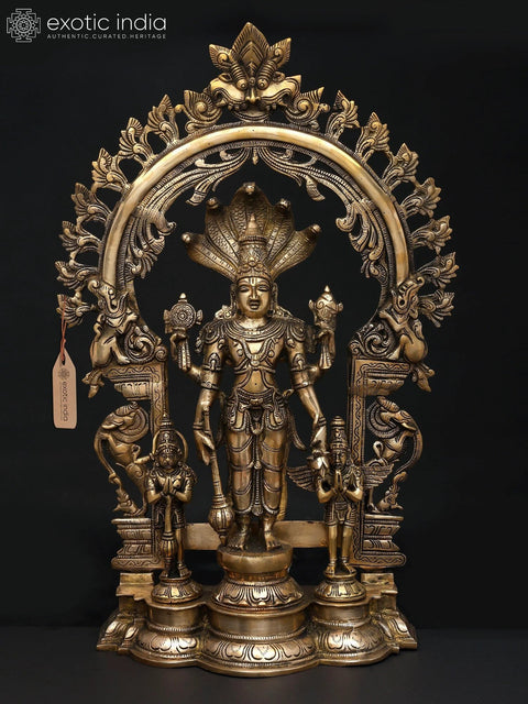 24" Standing Four Armed Lord Vishnu on Kirtimukha Throne with Garuda and Hanuman | Brass Statue