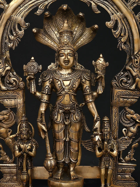 24" Standing Four Armed Lord Vishnu on Kirtimukha Throne with Garuda and Hanuman | Brass Statue