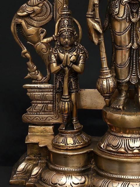 24" Standing Four Armed Lord Vishnu on Kirtimukha Throne with Garuda and Hanuman | Brass Statue