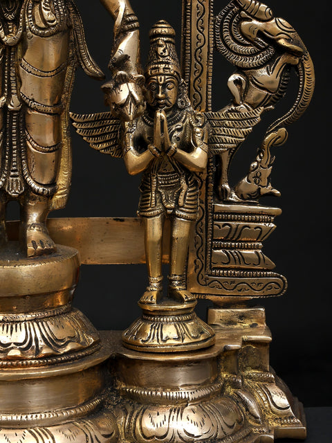 24" Standing Four Armed Lord Vishnu on Kirtimukha Throne with Garuda and Hanuman | Brass Statue