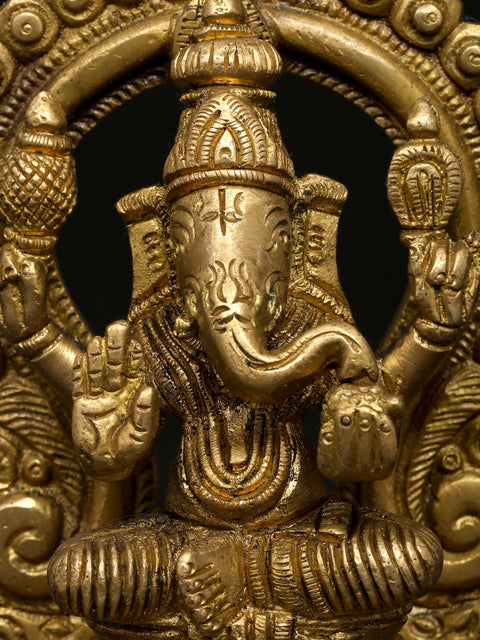 4" Small Four Armed Blessing Lord Ganesha Seated on Throne | Brass Idol