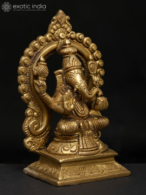 4" Small Four Armed Blessing Lord Ganesha Seated on Throne | Brass Idol