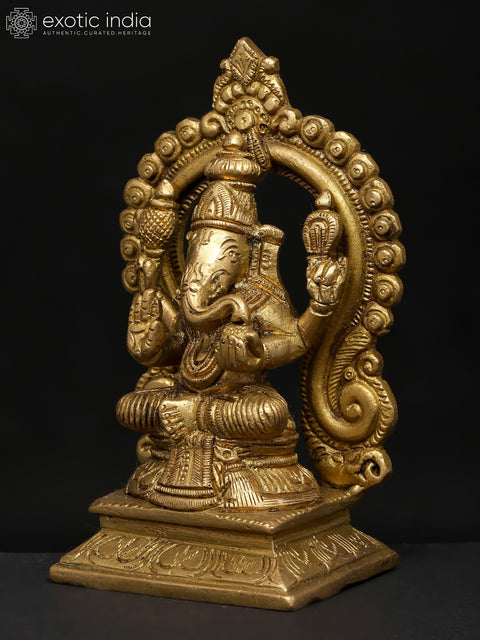 4" Small Four Armed Blessing Lord Ganesha Seated on Throne | Brass Idol