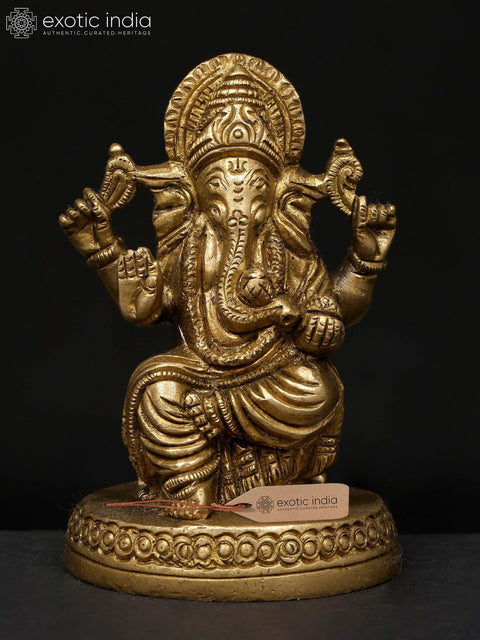 4" Small Chaturbhuja Blessing Lord Ganesha | Brass Statue