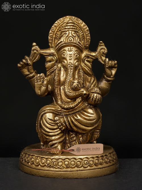 4" Chaturbhuja Blessing Ganesha Brass Statue for Pooja