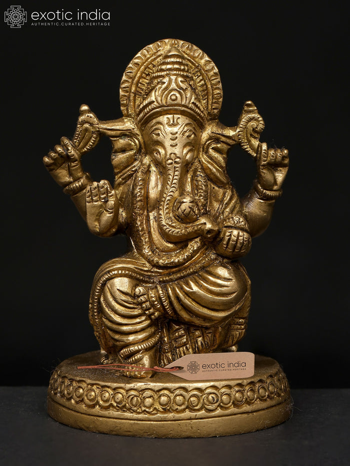 4" Chaturbhuja Blessing Ganesha Brass Statue for Pooja