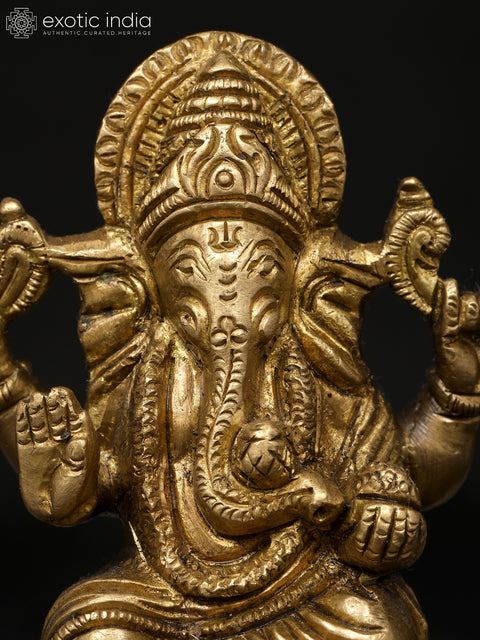 4" Small Chaturbhuja Blessing Lord Ganesha | Brass Statue