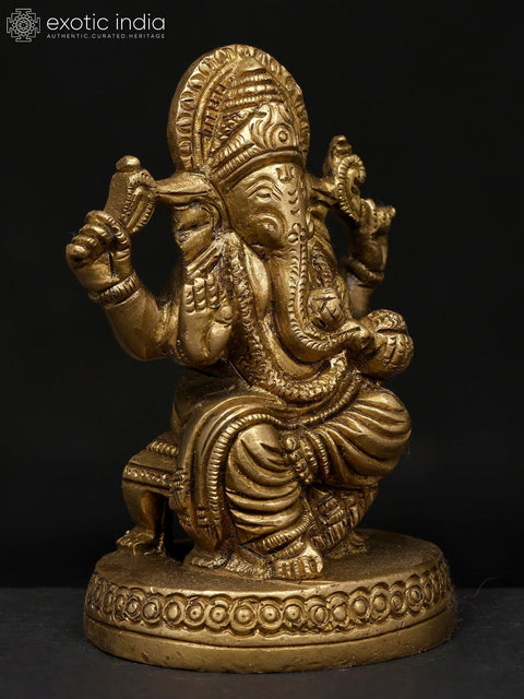 4" Small Chaturbhuja Blessing Lord Ganesha | Brass Statue