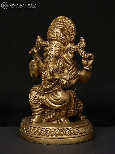 4" Small Chaturbhuja Blessing Lord Ganesha | Brass Statue