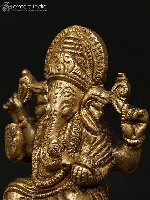 4" Small Chaturbhuja Blessing Lord Ganesha | Brass Statue