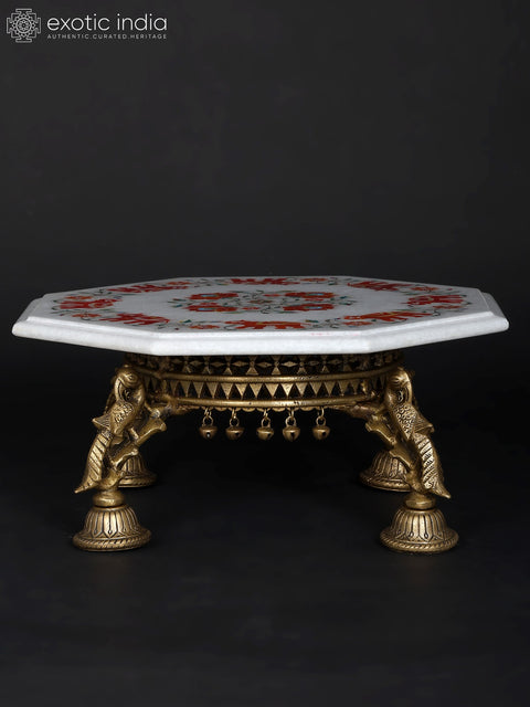 15" Hexagon Shaped Designer Pedestal (Chowki) with Inlay Work | Brass and Marble