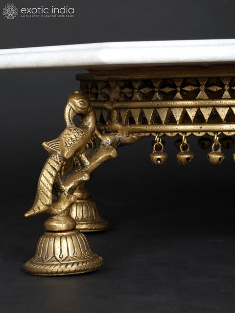 15" Hexagon Shaped Designer Pedestal (Chowki) with Inlay Work | Brass and Marble