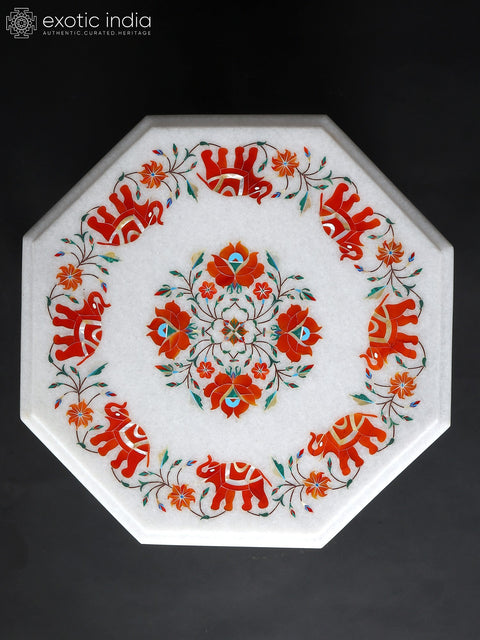 15" Hexagon Shaped Designer Pedestal (Chowki) with Inlay Work | Brass and Marble