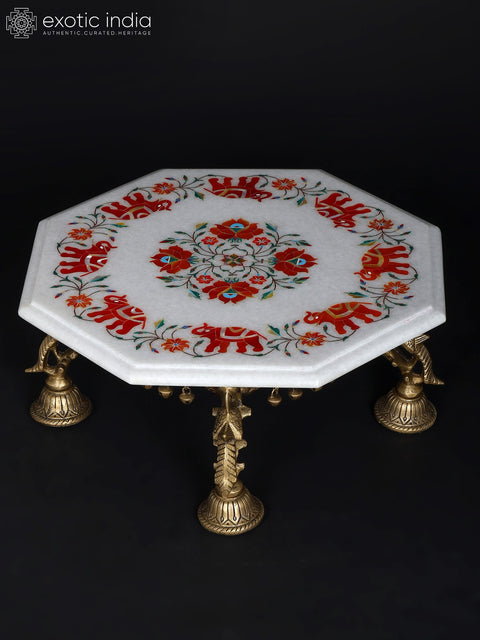 15" Hexagon Shaped Designer Pedestal (Chowki) with Inlay Work | Brass and Marble