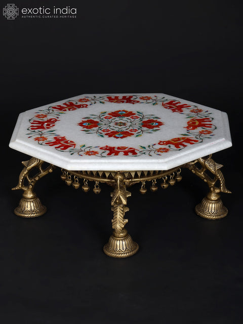 15" Hexagon Shaped Designer Pedestal (Chowki) with Inlay Work | Brass and Marble