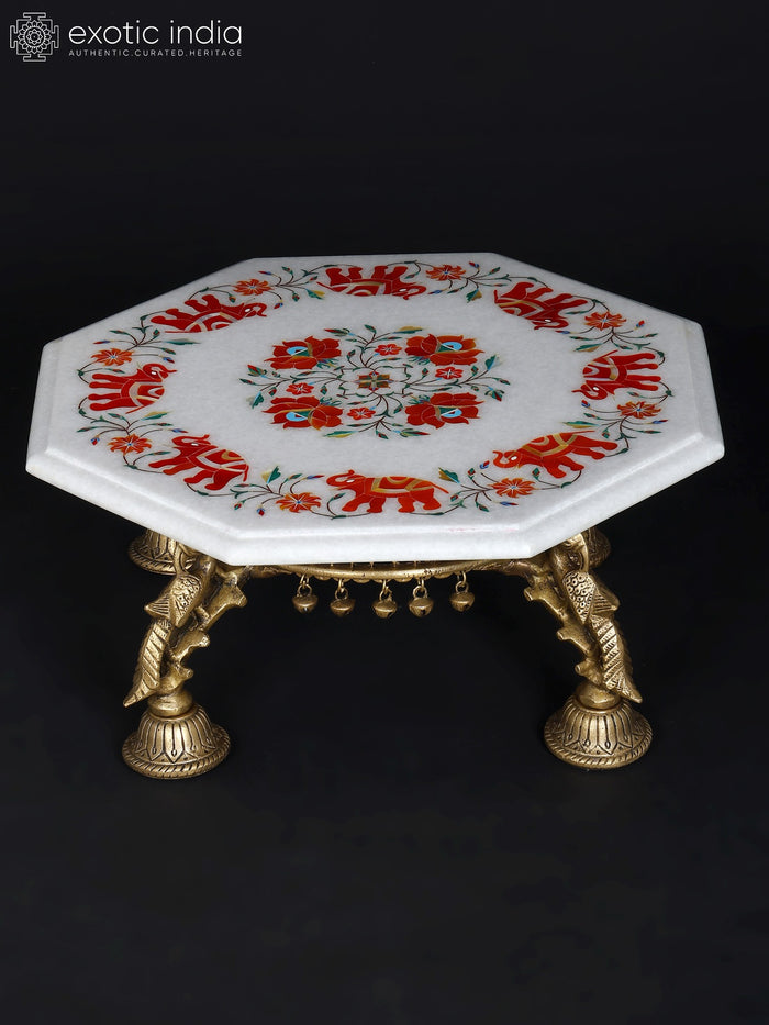 15" Hexagon Brass Pedestal Chowki with Marble Inlay