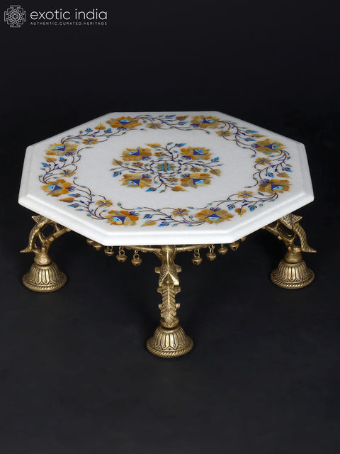15" Floral Inlaid Designer Marble Pedestal (Chowki) with Brass Base