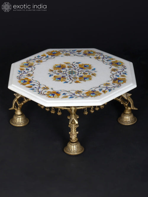 15" Floral Inlaid Marble Chowki Pedestal with Brass Base