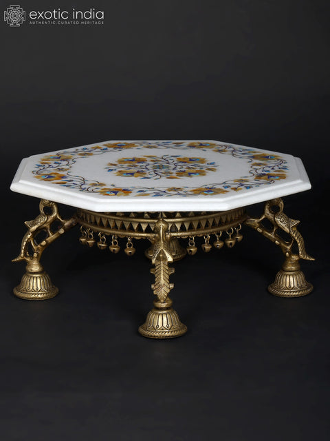 15" Floral Inlaid Designer Marble Pedestal (Chowki) with Brass Base