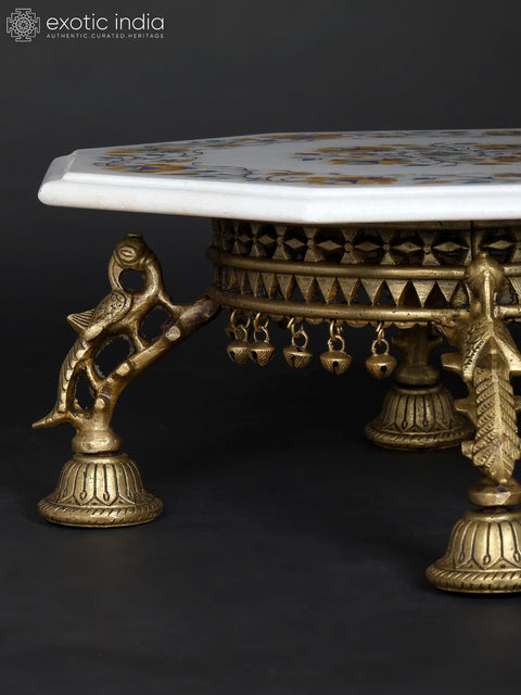 15" Floral Inlaid Designer Marble Pedestal (Chowki) with Brass Base